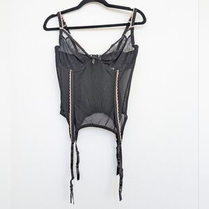 Adore Me Mesh Sheer Corset Fit Black Pink Dainty Bustier w Garter Sz L